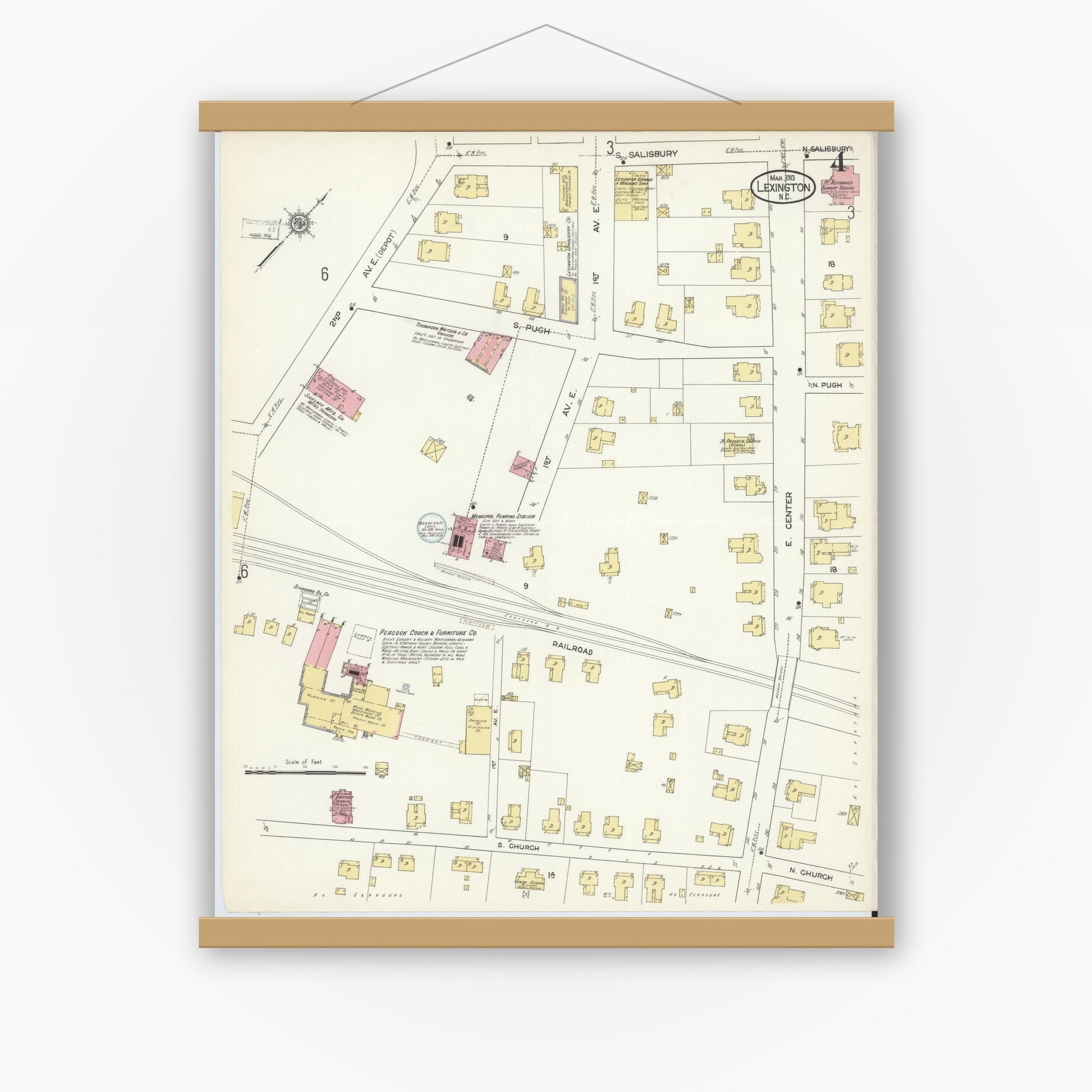 Old map wall art mockup — magnetic wood frame on white wall — Sanborn Fire Insurance Map from Lexington, Davidson County, North Carolina (1913), Sheet #0004