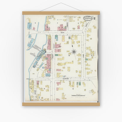 Old map wall art mockup — magnetic wood frame on white wall — Sanborn Fire Insurance Map from Keeseville, Essex County, New York (1890), Sheet #0002