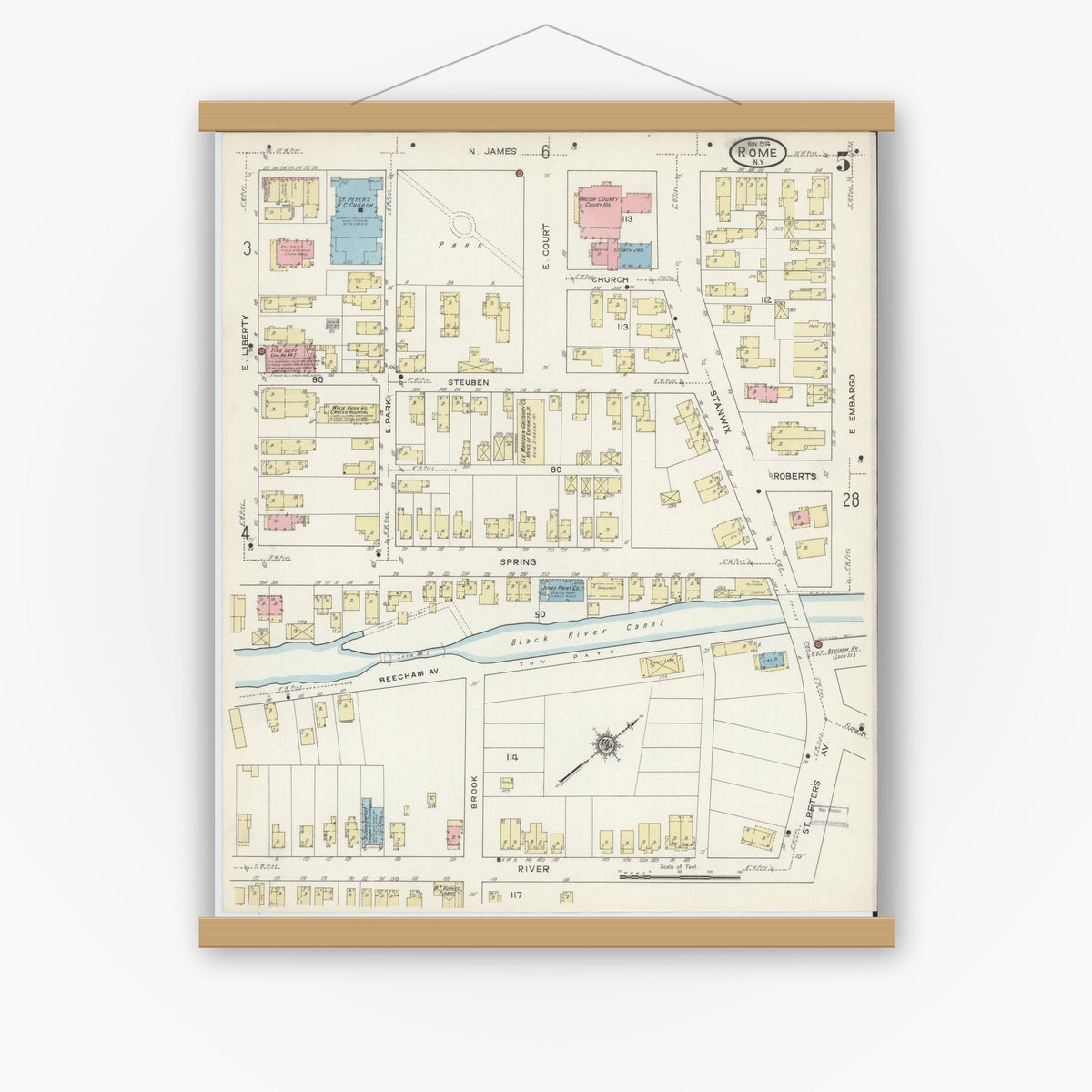 Old map wall art mockup — magnetic wood frame on white wall — Sanborn Fire Insurance Map from Rome, Oneida County, New York (1914), Sheet #0005