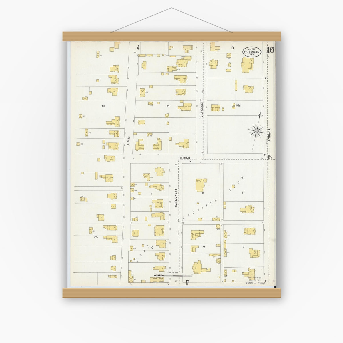 Old map wall art mockup — magnetic wood frame on white wall — Sanborn Fire Insurance Map from Sherman, Grayson County, Texas (1902), Sheet #0016