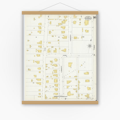 Old map wall art mockup — magnetic wood frame on white wall — Sanborn Fire Insurance Map from Sherman, Grayson County, Texas (1902), Sheet #0016