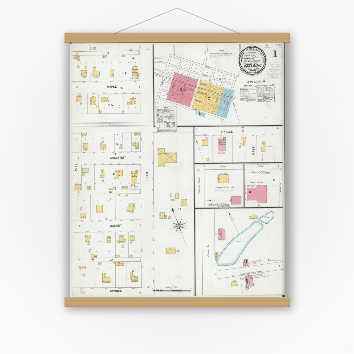 Old map wall art mockup — magnetic wood frame on white wall — Sanborn Fire Insurance Map from Shelbina, Shelby County, Missouri (1900), Sheet #0001