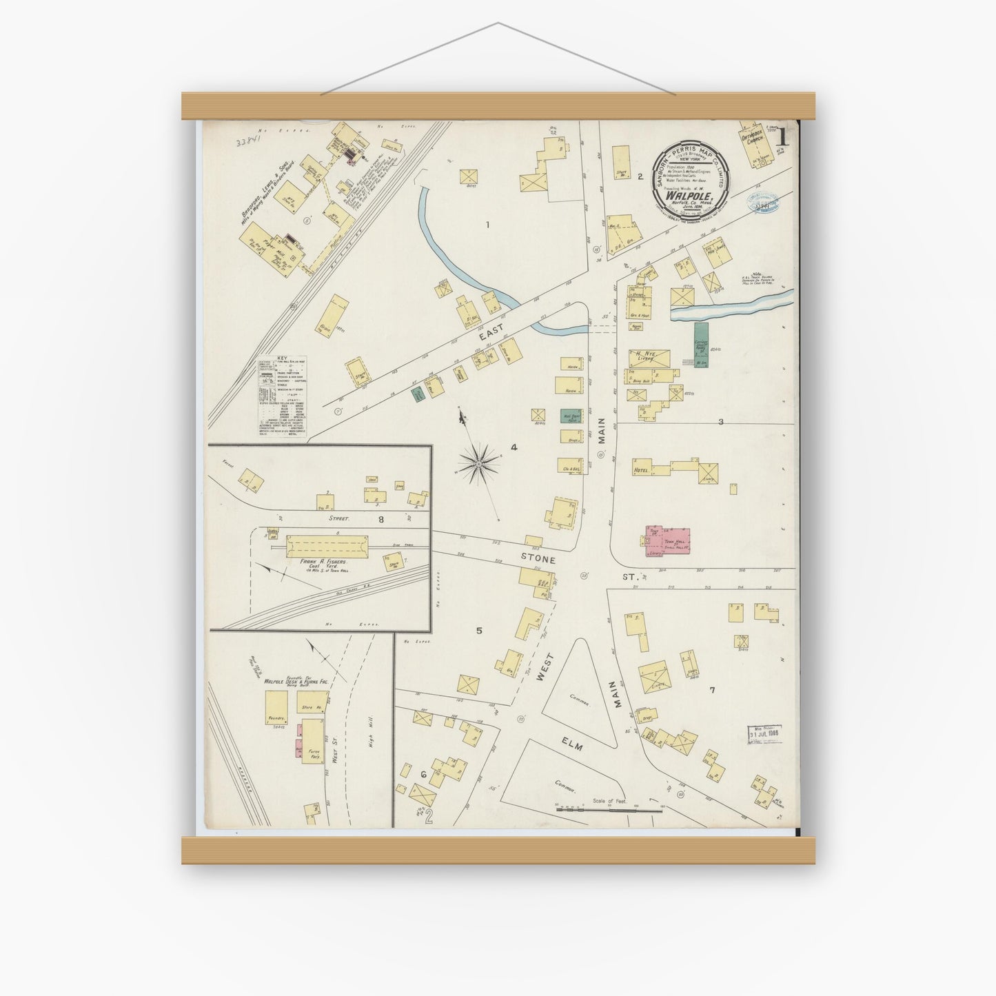 Old map wall art mockup — magnetic wood frame on white wall — Sanborn Fire Insurance Map from Walpole, Norfolk County, Massachusetts (1894), Sheet #0001