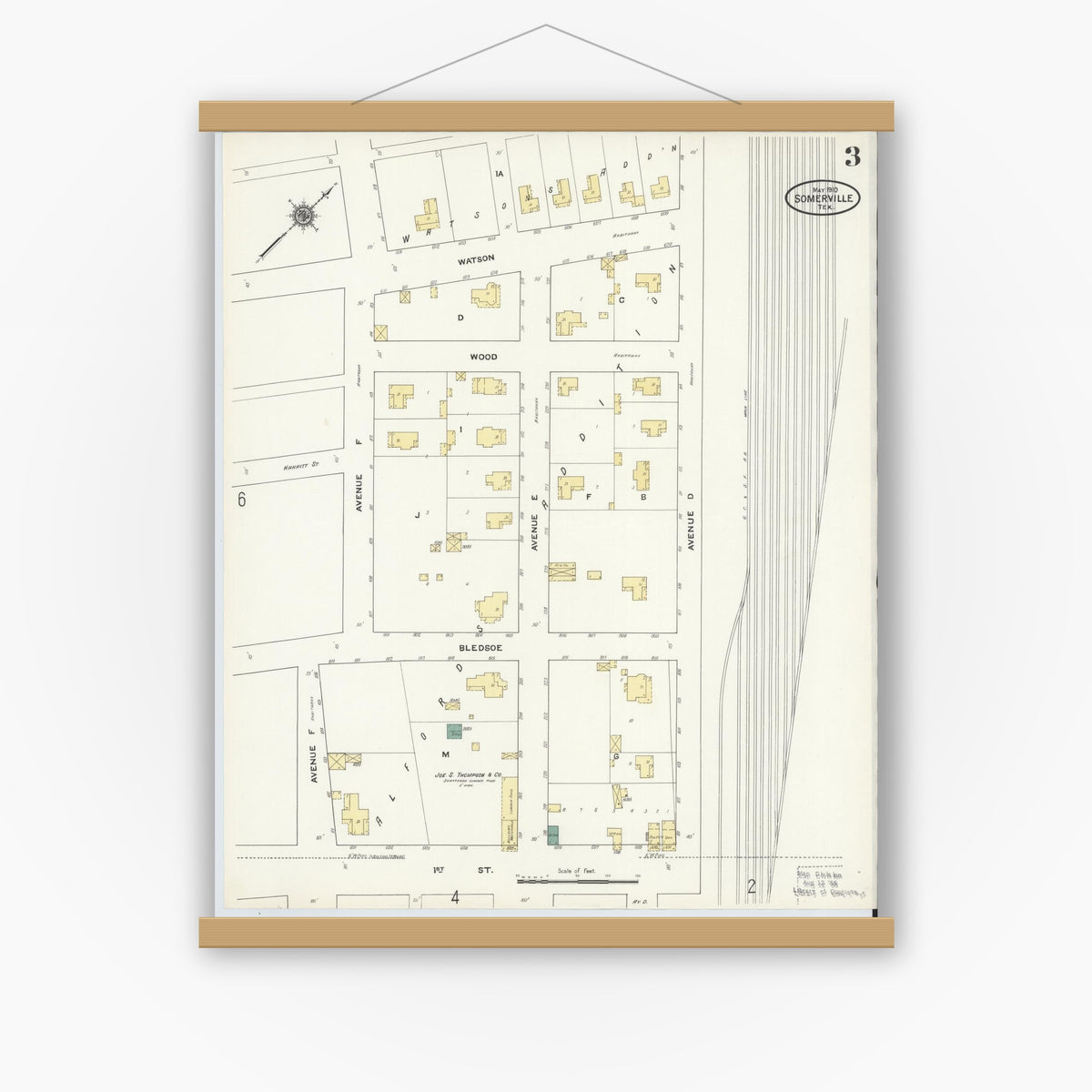 Old map wall art mockup — magnetic wood frame on white wall — Sanborn Fire Insurance Map from Somerville, Burleson County, Texas (1910), Sheet #0003