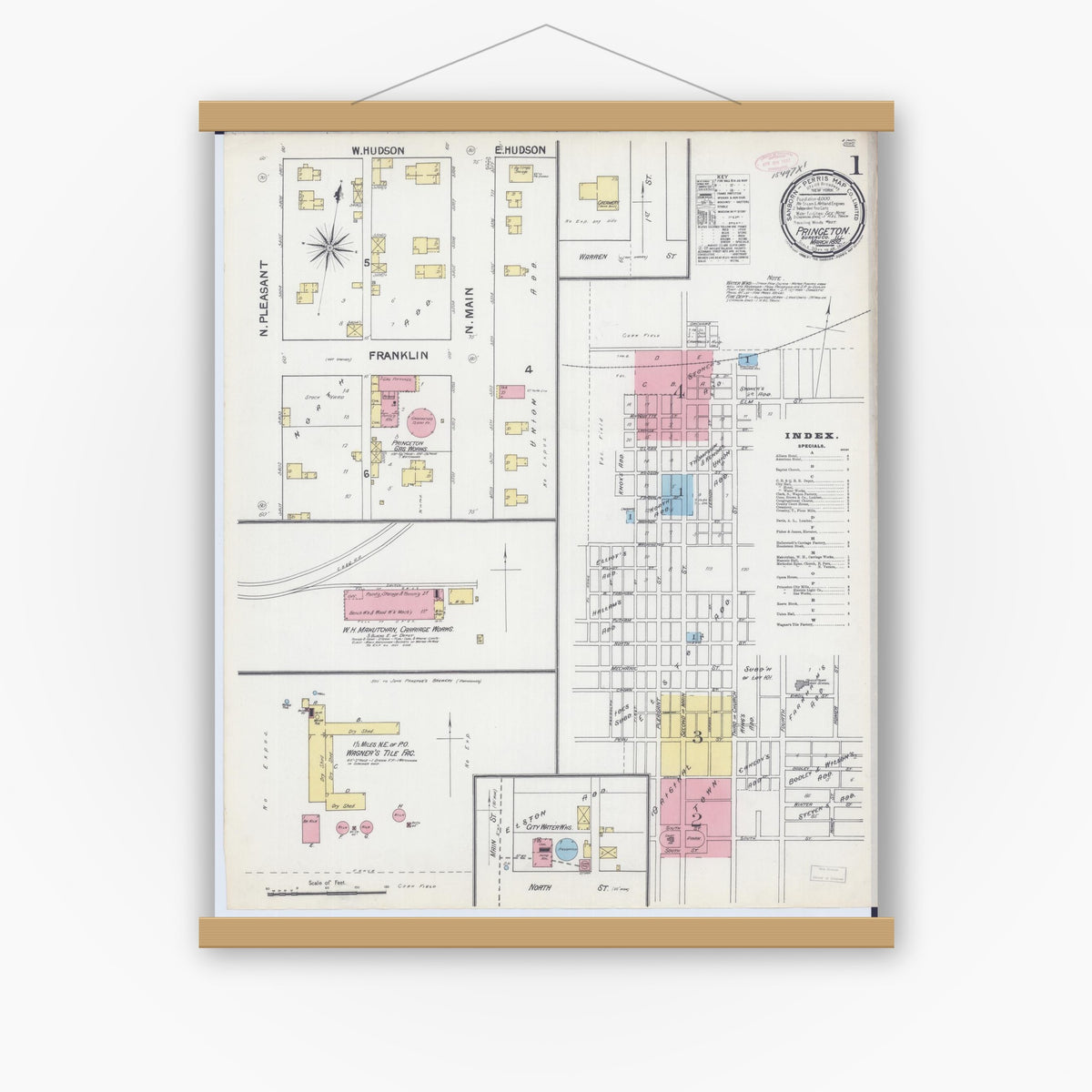 Old map wall art mockup — magnetic wood frame on white wall — Sanborn Fire Insurance Map from Princeton, Bureau County, Illinois (1892) - Complete Map Set