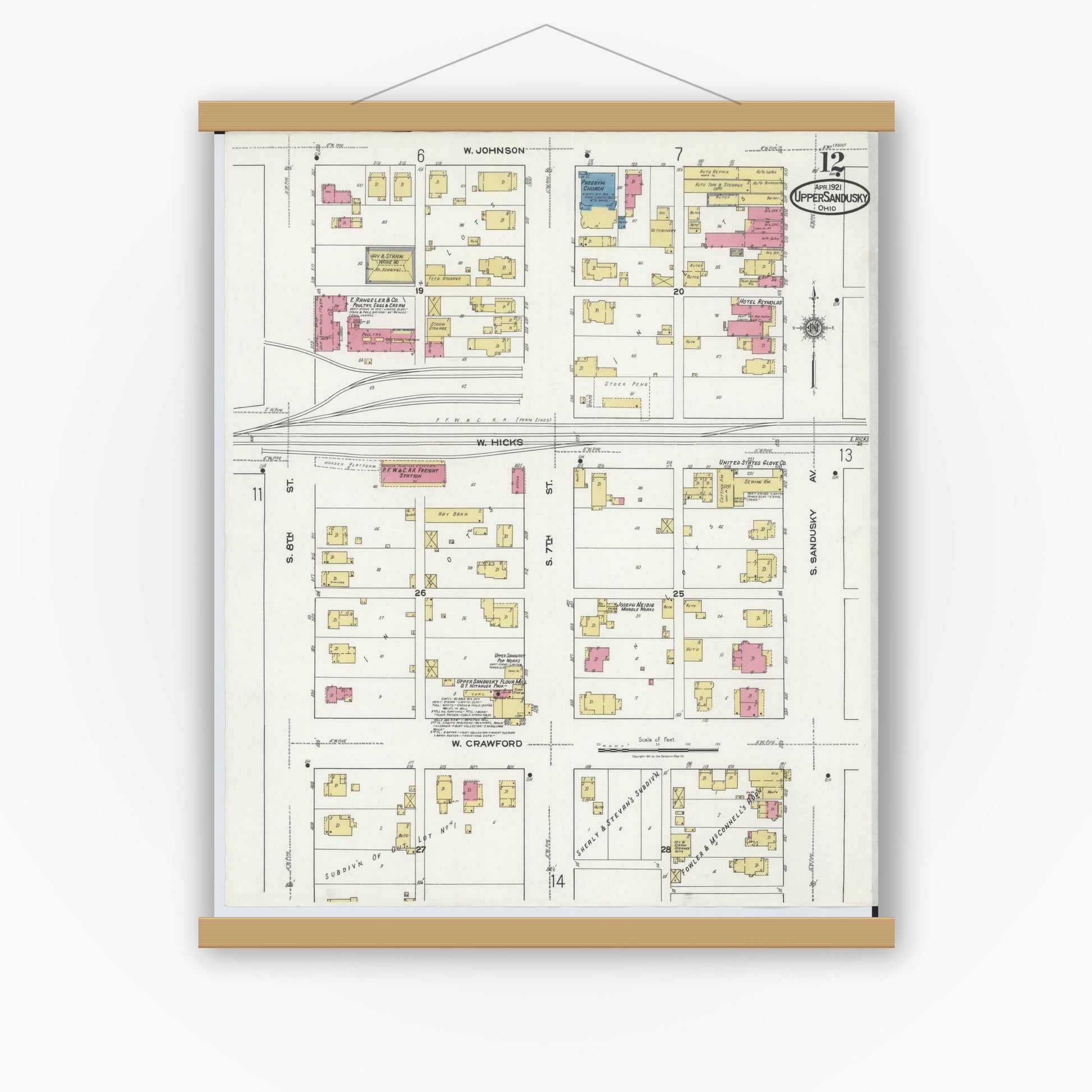 Old map wall art mockup — magnetic wood frame on white wall — Sanborn Fire Insurance Map from Upper Sandusky, Wyandot County, Ohio (1921), Sheet #0012