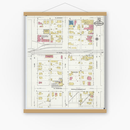 Old map wall art mockup — magnetic wood frame on white wall — Sanborn Fire Insurance Map from Upper Sandusky, Wyandot County, Ohio (1921), Sheet #0012