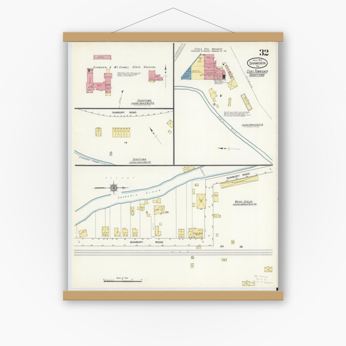 Old map wall art mockup — magnetic wood frame on white wall — Sanborn Fire Insurance Map from Shamokin, Northumberland County, Pennsylvania (1913), Sheet #0032