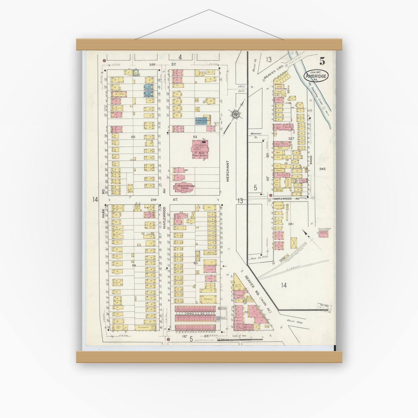 Old map wall art mockup — magnetic wood frame on white wall — Sanborn Fire Insurance Map from Ambridge, Beaver County, Pennsylvania (1917), Sheet #0005