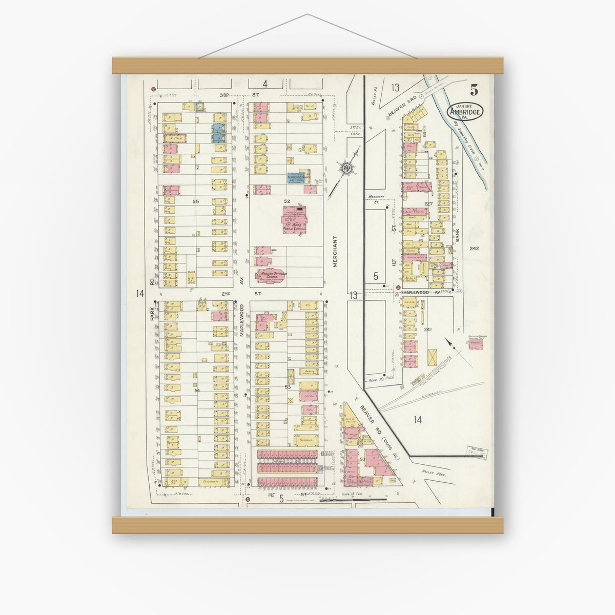 Old map wall art mockup — magnetic wood frame on white wall — Sanborn Fire Insurance Map from Ambridge, Beaver County, Pennsylvania (1917), Sheet #0005