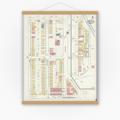 Old map wall art mockup — magnetic wood frame on white wall — Sanborn Fire Insurance Map from Ambridge, Beaver County, Pennsylvania (1917), Sheet #0005