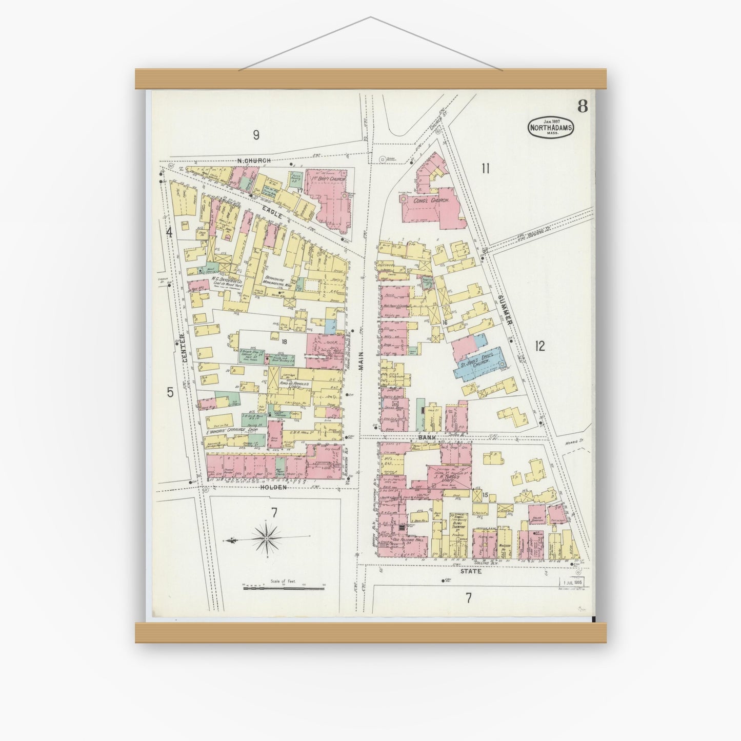 Old map wall art mockup — magnetic wood frame on white wall — Sanborn Fire Insurance Map from North Adams, Berkshire County, Massachusetts (1897), Sheet #0008