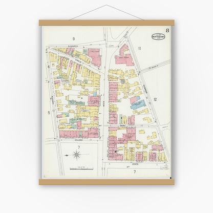 Old map wall art mockup — magnetic wood frame on white wall — Sanborn Fire Insurance Map from North Adams, Berkshire County, Massachusetts (1897), Sheet #0008