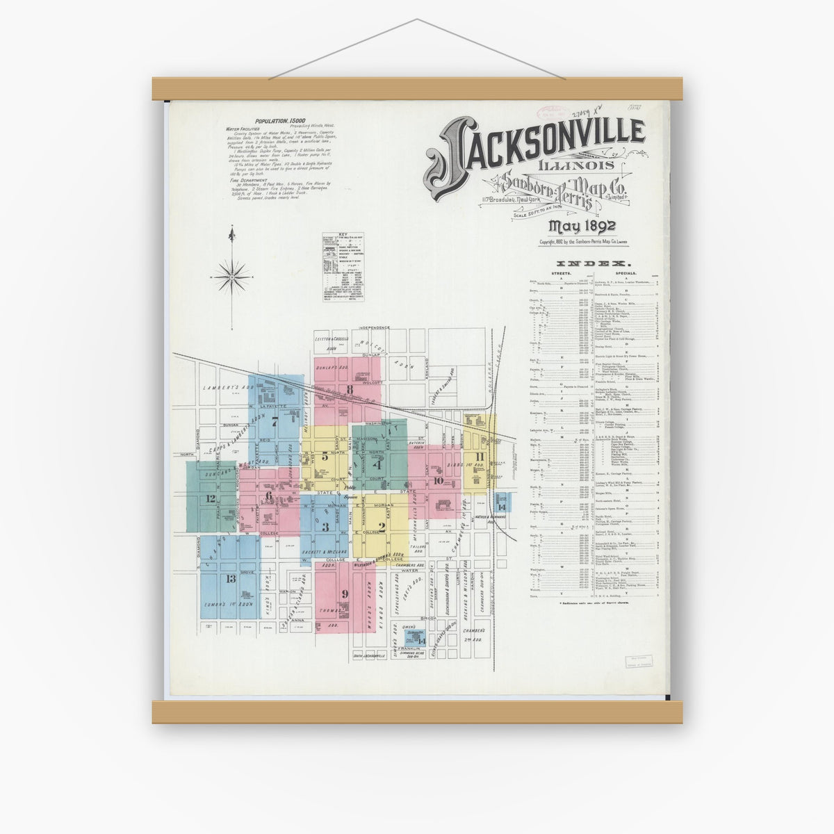 Old map wall art mockup — magnetic wood frame on white wall — Sanborn Fire Insurance Map from Jacksonville, Morgan County, Illinois (1892) - Complete Map Set