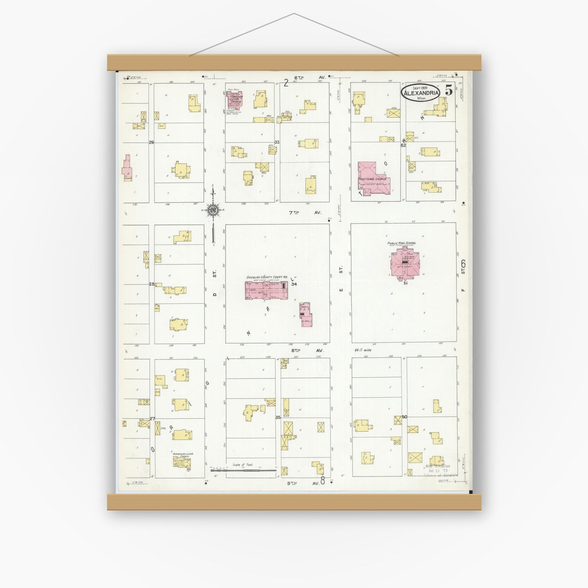 Old map wall art mockup — magnetic wood frame on white wall — Sanborn Fire Insurance Map from Alexandria, Douglas County, Minnesota (1909), Sheet #0005