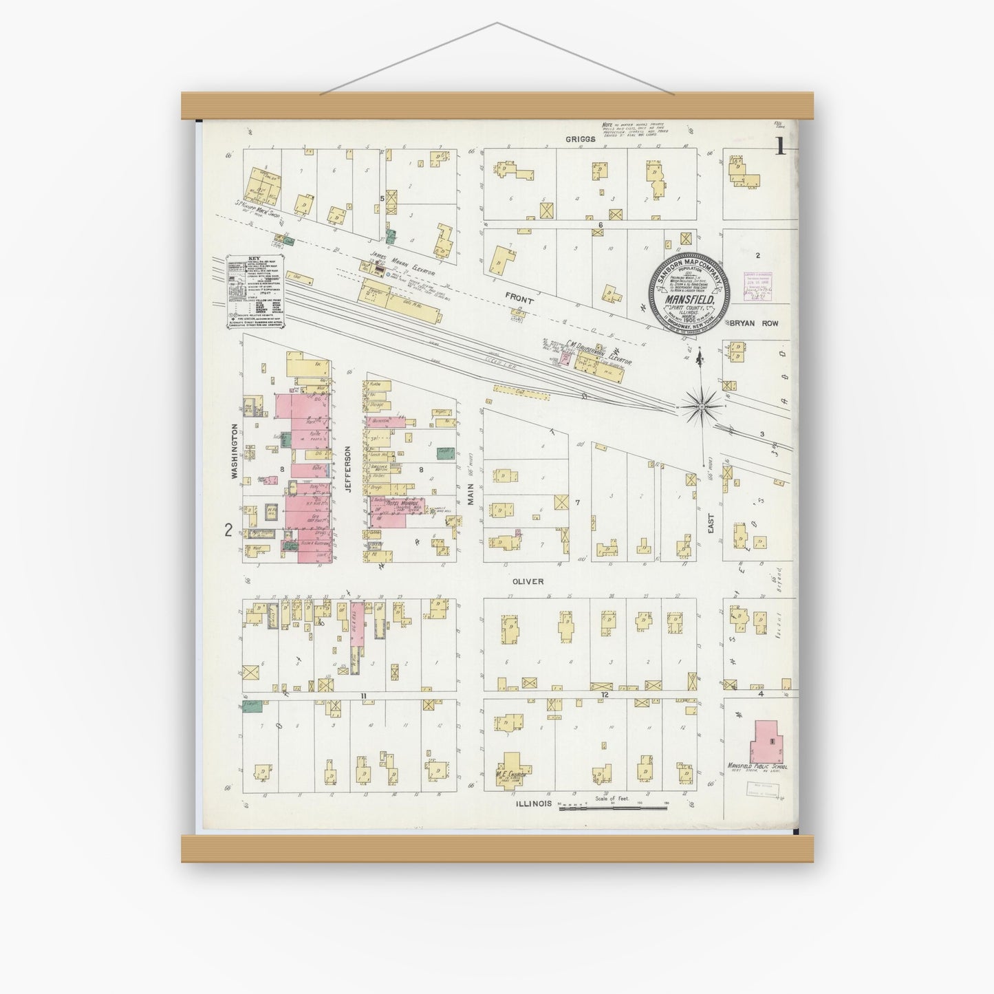 Old map wall art mockup — magnetic wood frame on white wall — Sanborn Fire Insurance Map from Mansfield, Piatt County, Illinois (1906), Sheet #0001
