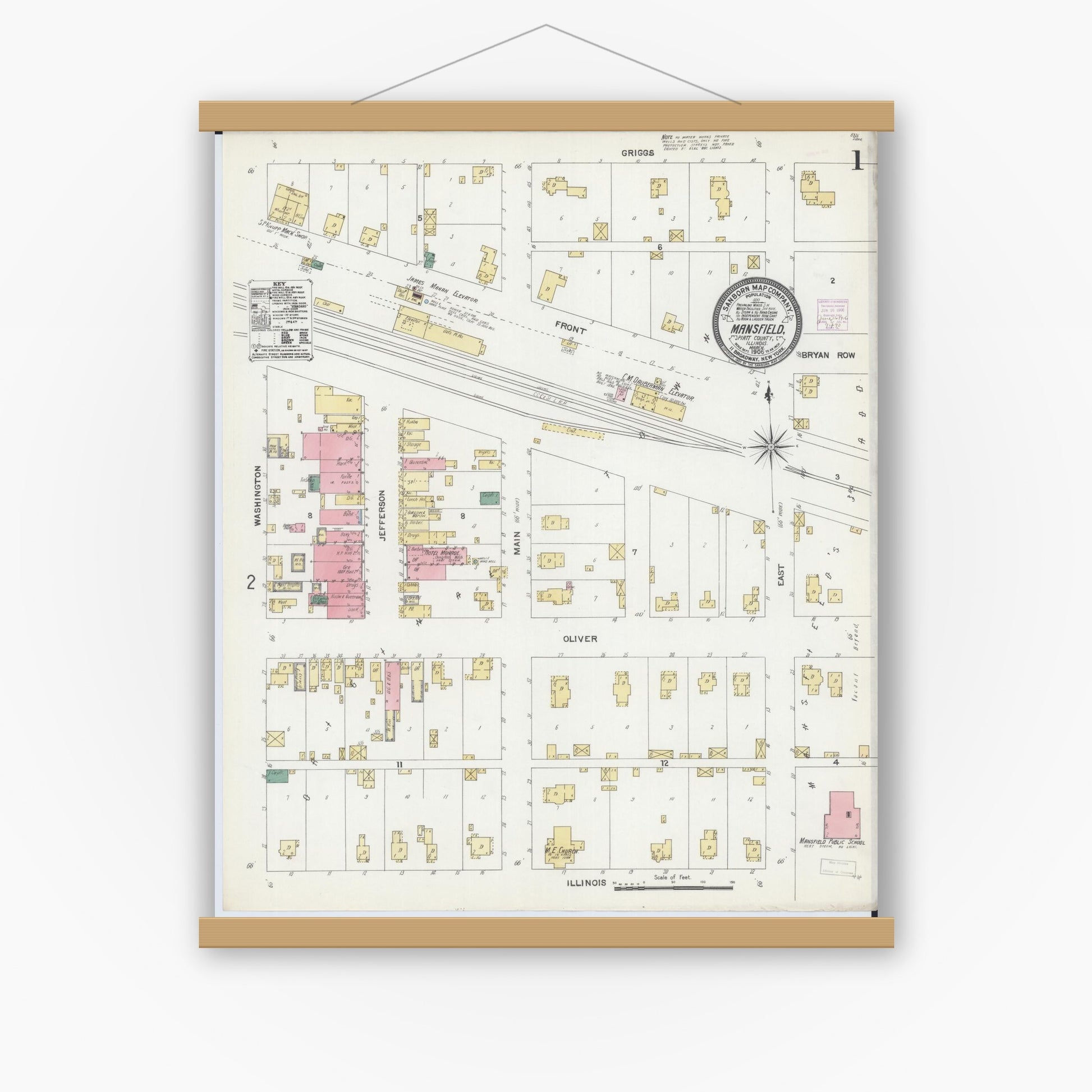Old map wall art mockup — magnetic wood frame on white wall — Sanborn Fire Insurance Map from Mansfield, Piatt County, Illinois (1906), Sheet #0001