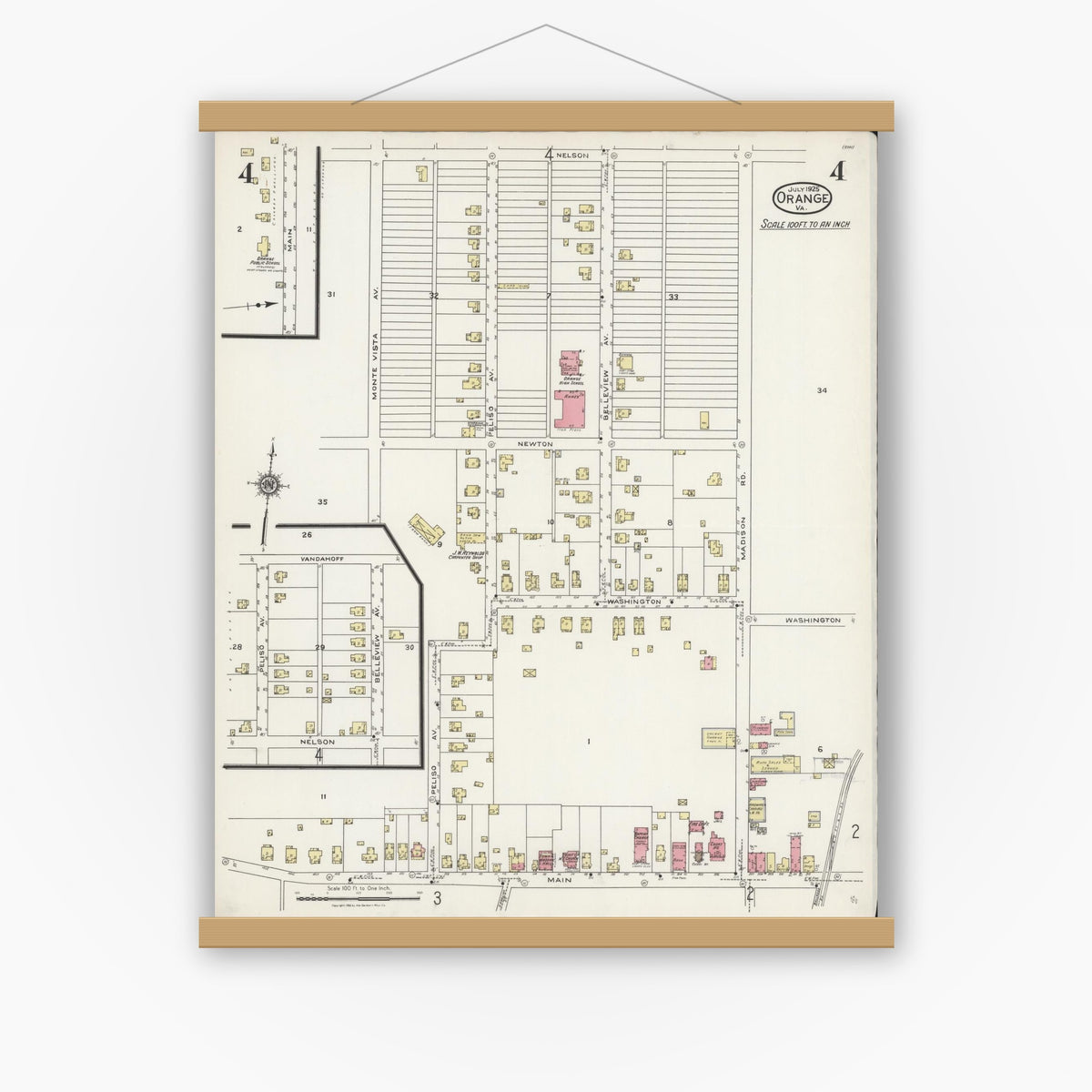Old map wall art mockup — magnetic wood frame on white wall — Sanborn Fire Insurance Map from Orange, Orange County, Virginia (1925), Sheet #0004
