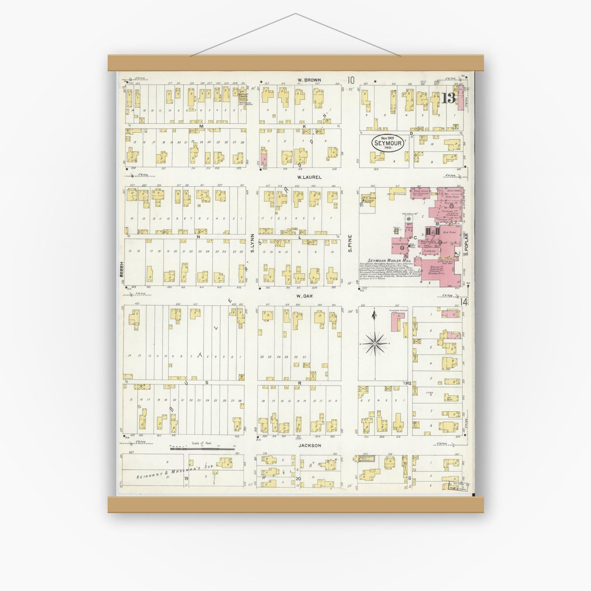 Old map wall art mockup — magnetic wood frame on white wall — Sanborn Fire Insurance Map from Seymour, Jackson County, Indiana (1907), Sheet #0013