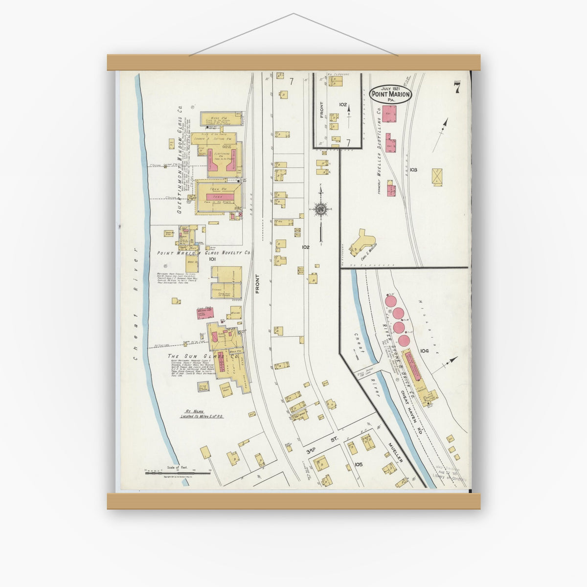 Old map wall art mockup — magnetic wood frame on white wall — Sanborn Fire Insurance Map from Point Marion, Fayette County, Pennsylvania (1921), Sheet #0007