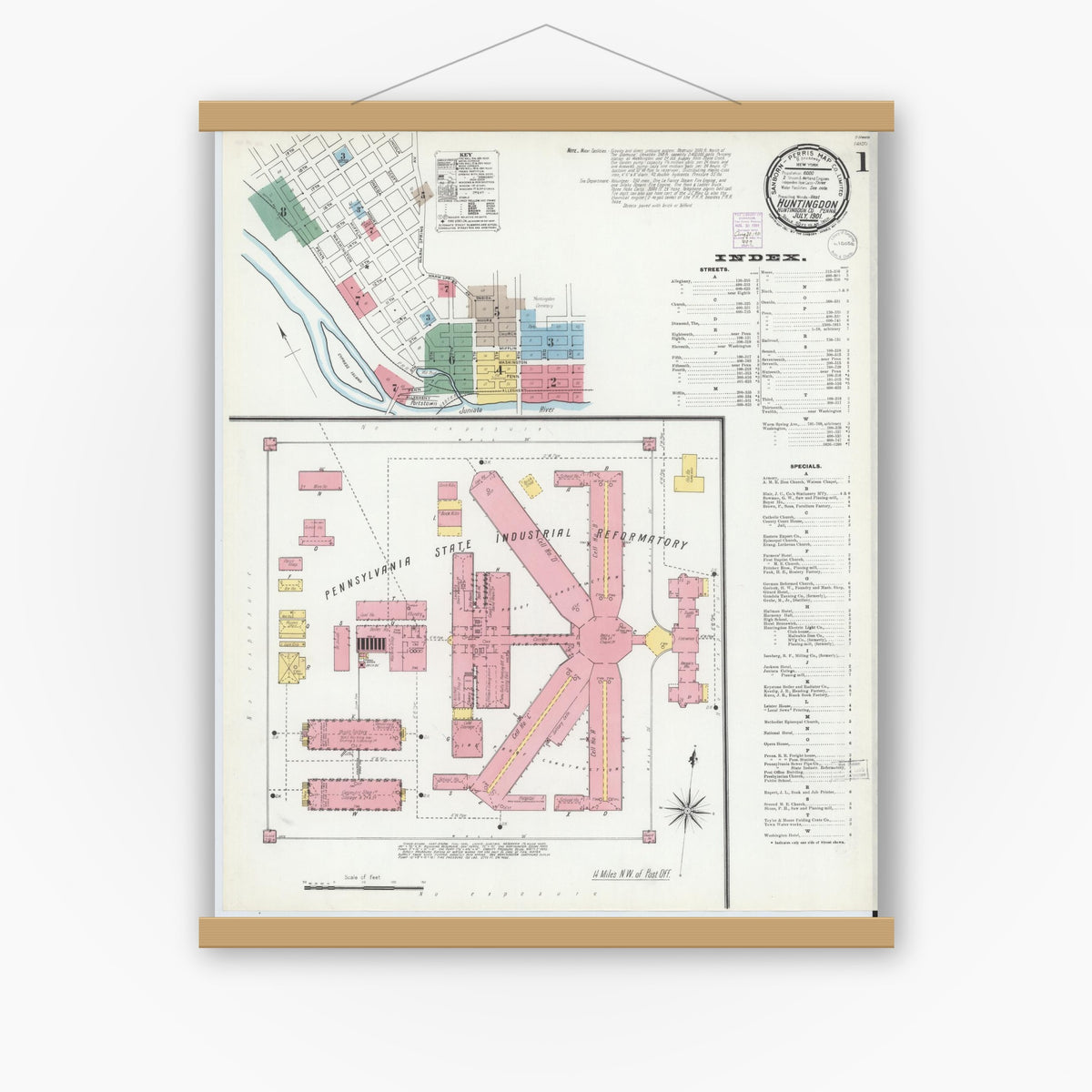 Old map wall art mockup — magnetic wood frame on white wall — Sanborn Fire Insurance Map from Huntingdon, Huntingdon County, Pennsylvania (1901), Sheet #0001