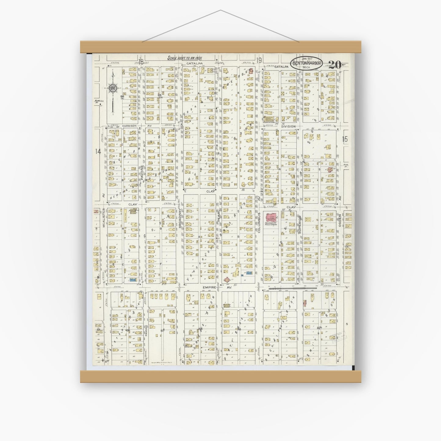 Old map wall art mockup — magnetic wood frame on white wall — Sanborn Fire Insurance Map from Benton Harbor, Berrien County, Michigan (1917), Sheet #0020