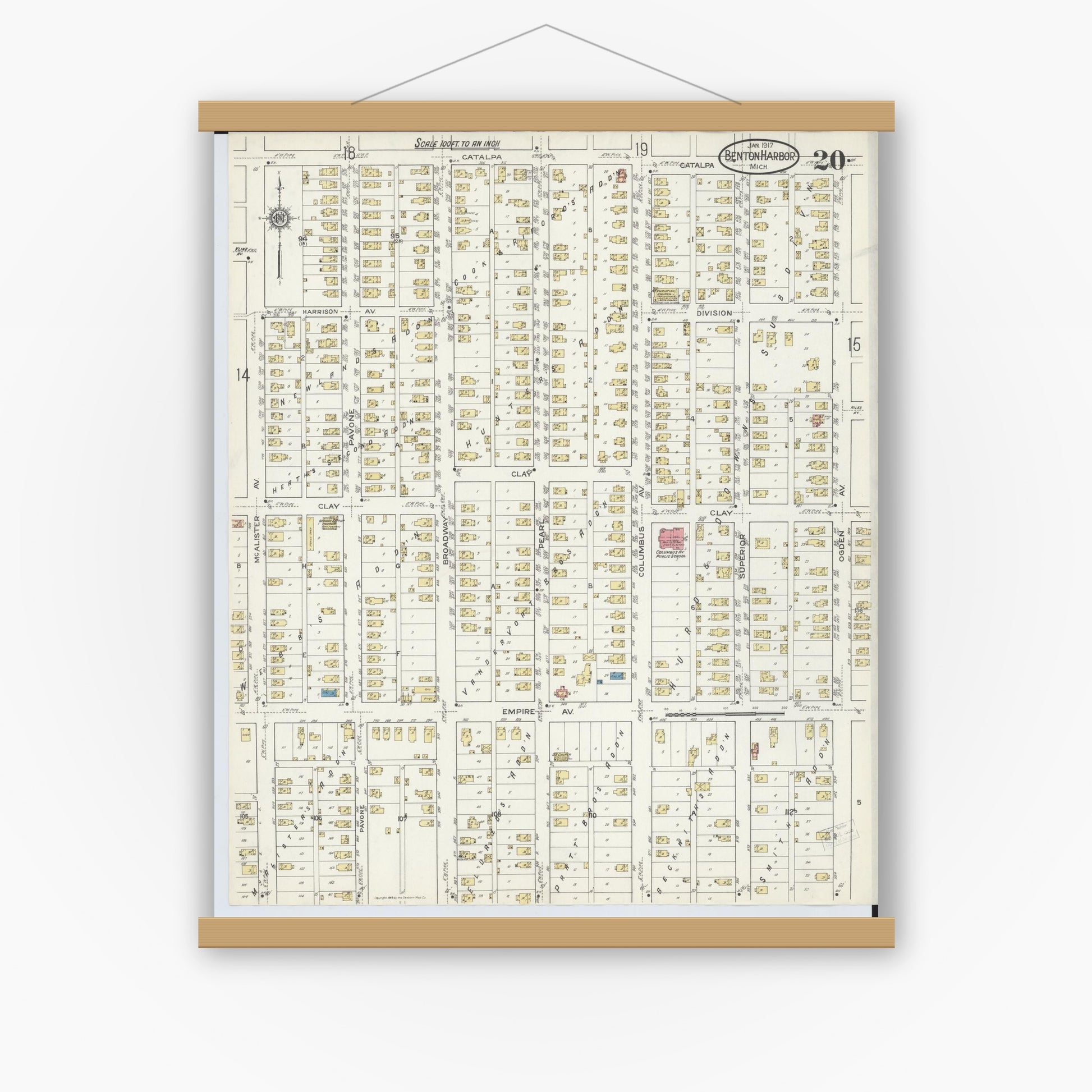 Old map wall art mockup — magnetic wood frame on white wall — Sanborn Fire Insurance Map from Benton Harbor, Berrien County, Michigan (1917), Sheet #0020