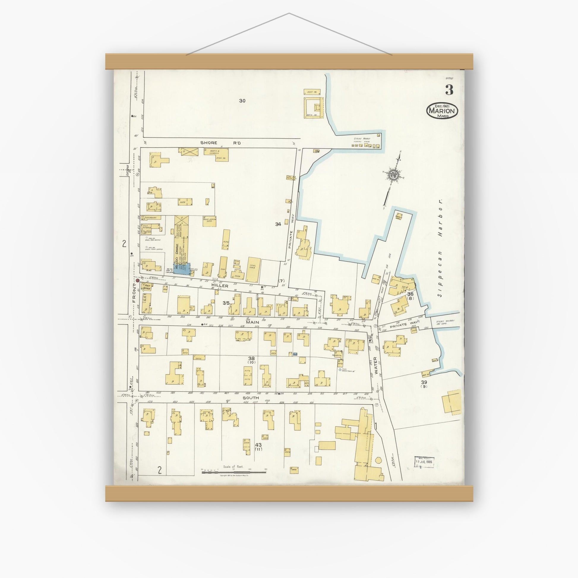 Old map wall art mockup — magnetic wood frame on white wall — Sanborn Fire Insurance Map from Marion, Plymouth County, Massachusetts (1921), Sheet #0003