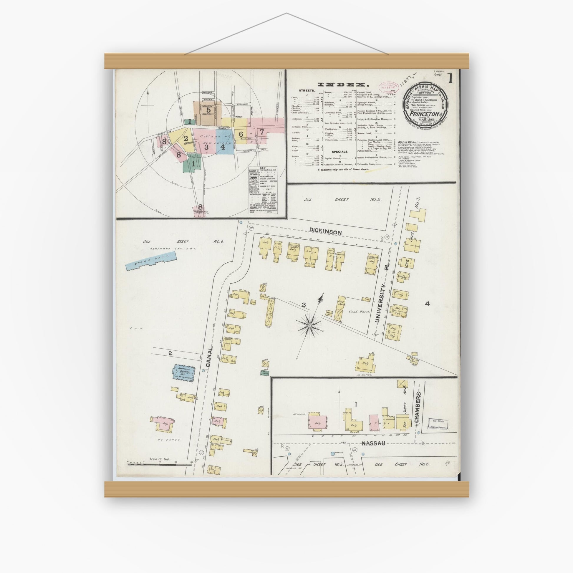 Old map wall art mockup — magnetic wood frame on white wall — Sanborn Fire Insurance Map from Princeton, Mercer County, New Jersey (1890) - Complete Map Set