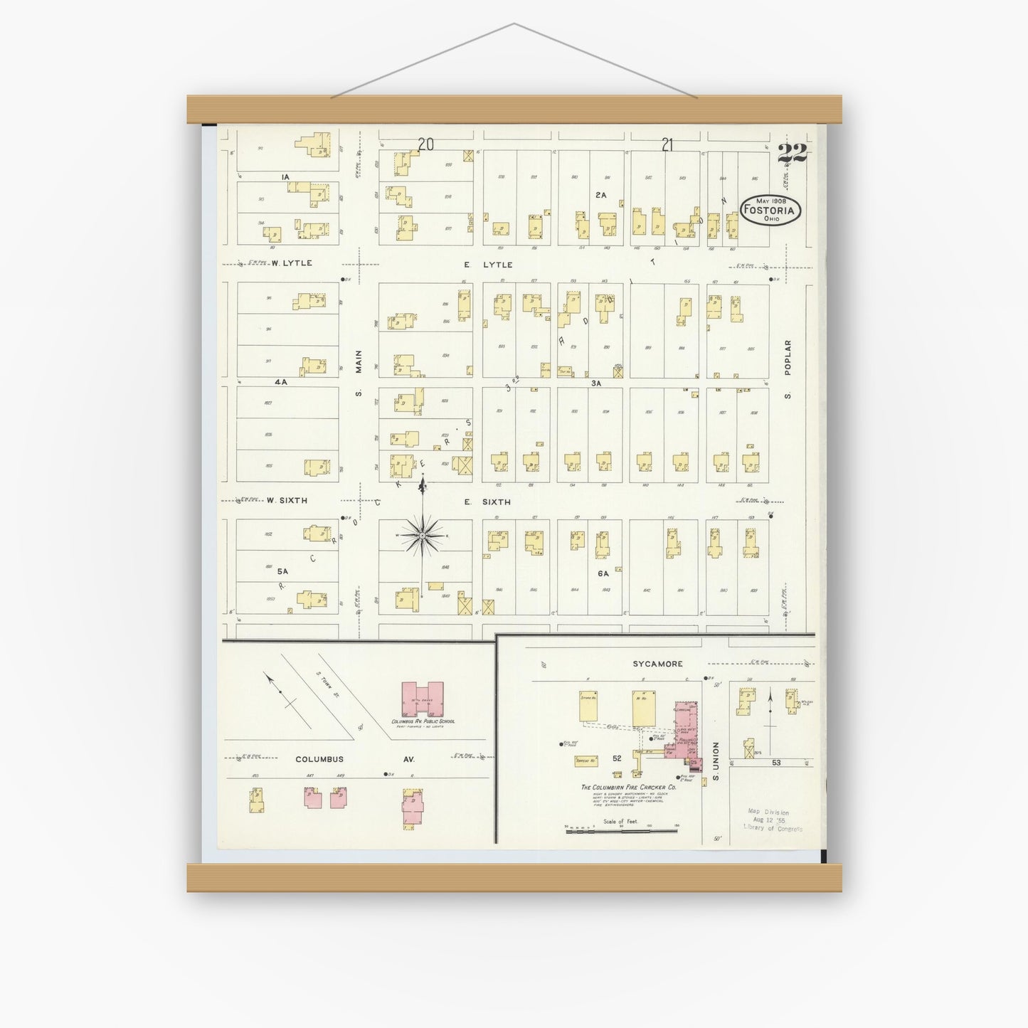 Old map wall art mockup — magnetic wood frame on white wall — Sanborn Fire Insurance Map from Fostoria, Seneca, Hancock, And Wood Counties, Ohio (1908), Sheet #0022