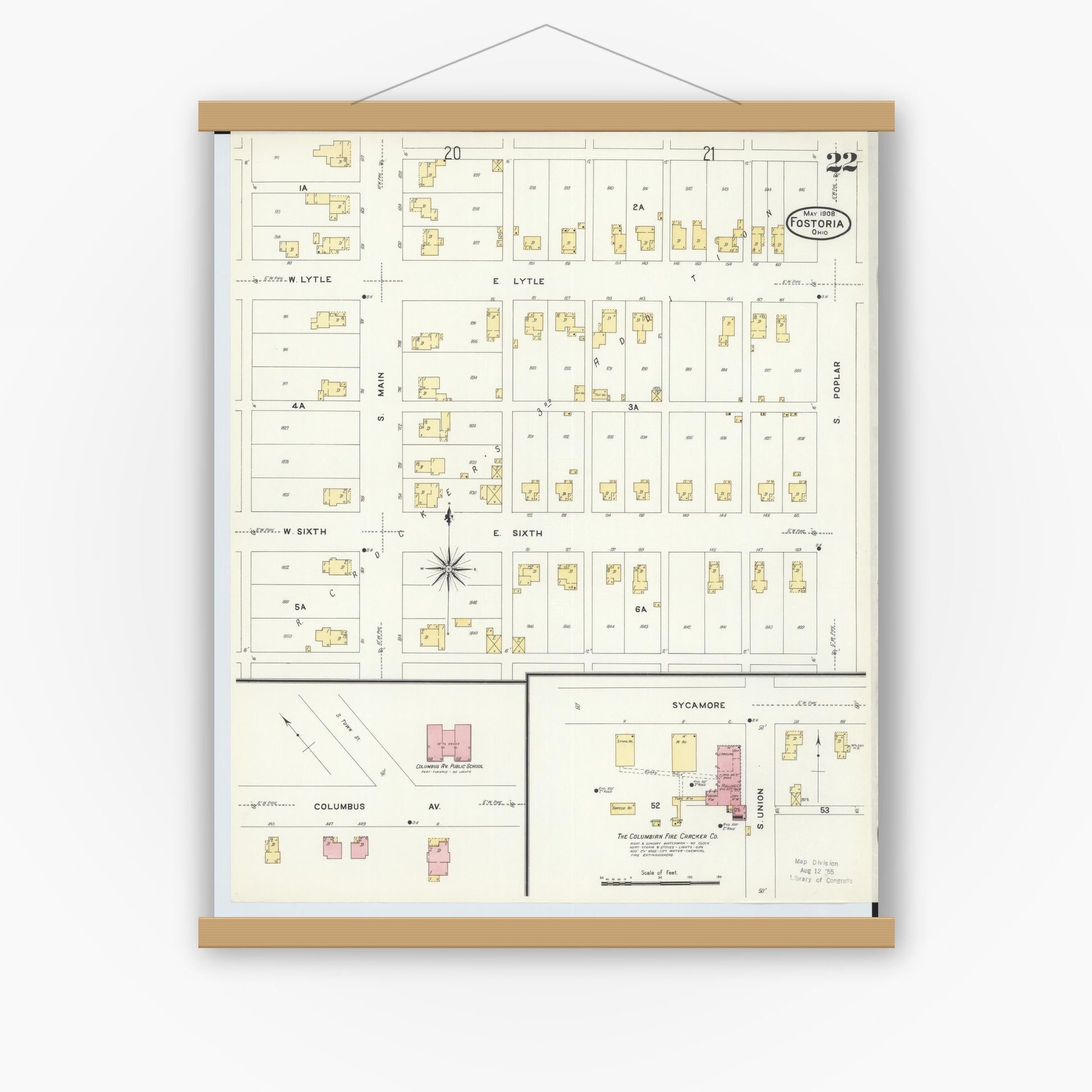 Old map wall art mockup — magnetic wood frame on white wall — Sanborn Fire Insurance Map from Fostoria, Seneca, Hancock, And Wood Counties, Ohio (1908), Sheet #0022