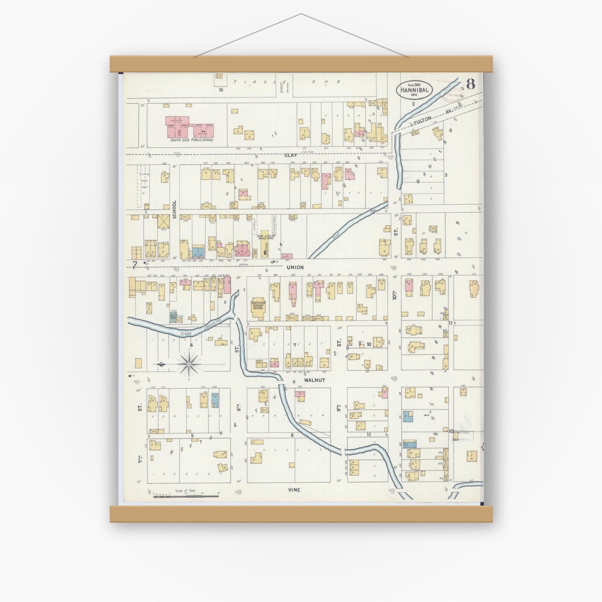 Old map wall art mockup — magnetic wood frame on white wall — Sanborn Fire Insurance Map from Hannibal, Marion County, Missouri (1899), Sheet #0008