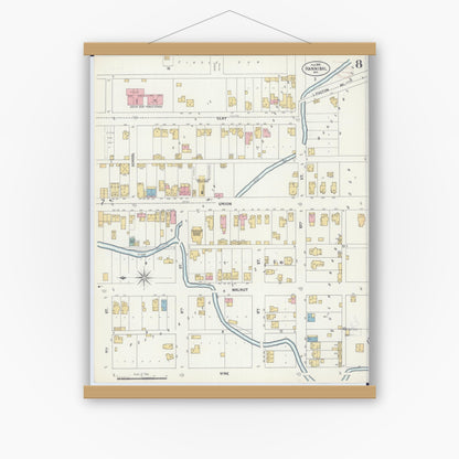 Old map wall art mockup — magnetic wood frame on white wall — Sanborn Fire Insurance Map from Hannibal, Marion County, Missouri (1899), Sheet #0008