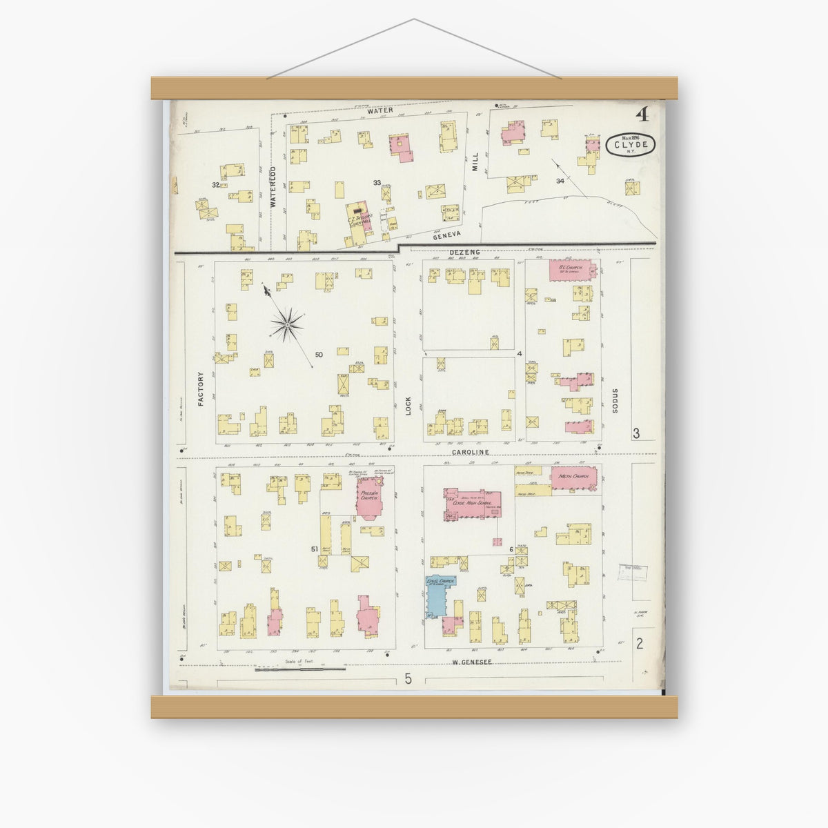 Old map wall art mockup — magnetic wood frame on white wall — Sanborn Fire Insurance Map from Clyde, Wayne County, New York (1896), Sheet #0004
