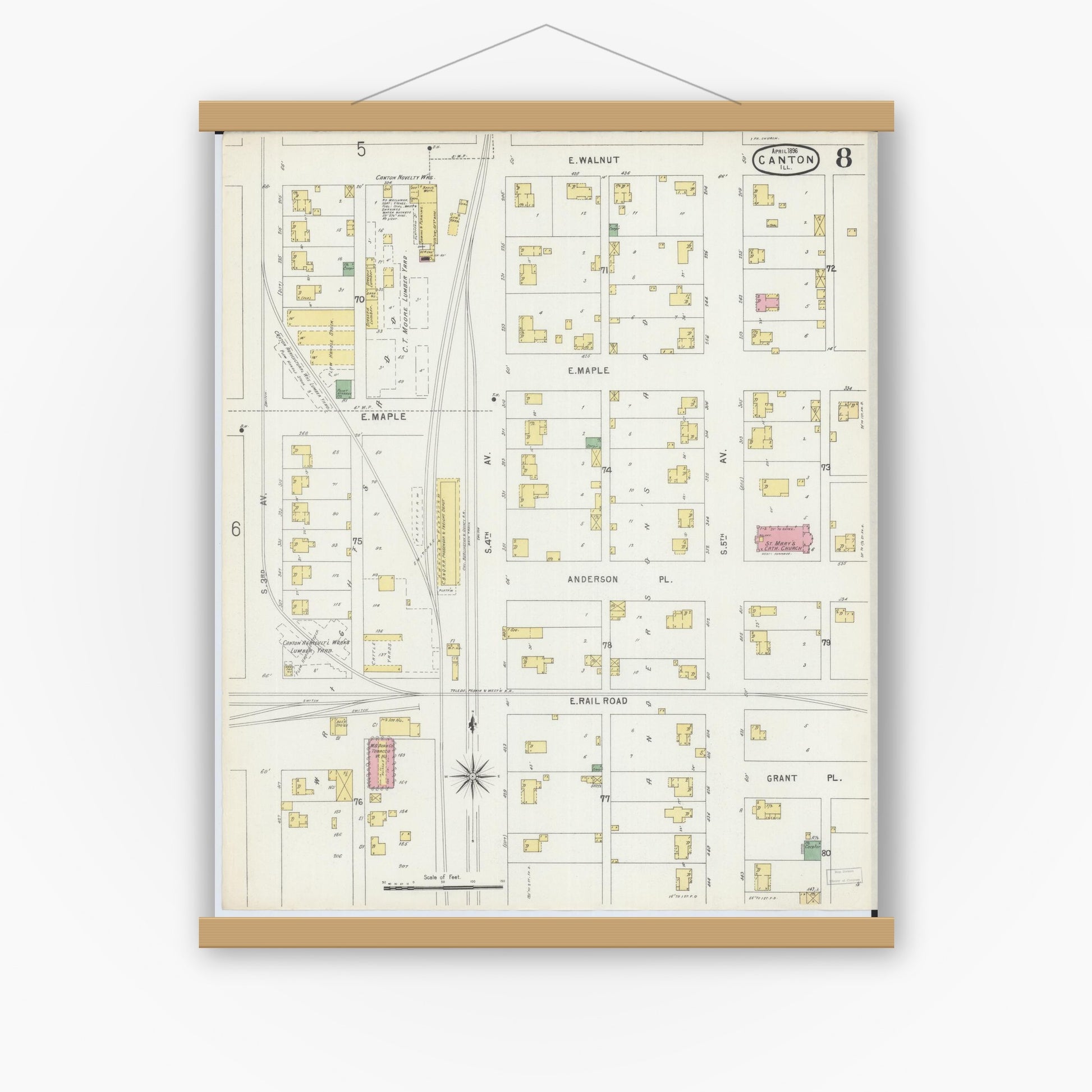Old map wall art mockup — magnetic wood frame on white wall — Sanborn Fire Insurance Map from Canton, Fulton County, Illinois (1896), Sheet #0008