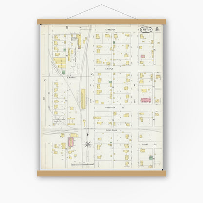 Old map wall art mockup — magnetic wood frame on white wall — Sanborn Fire Insurance Map from Canton, Fulton County, Illinois (1896), Sheet #0008