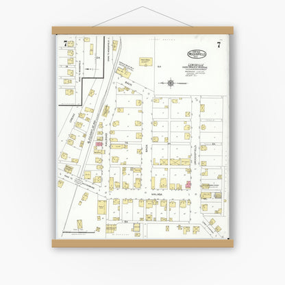Old map wall art mockup — magnetic wood frame on white wall — Sanborn Fire Insurance Map from Woodsfield, Monroe County, Ohio (1923), Sheet #0007