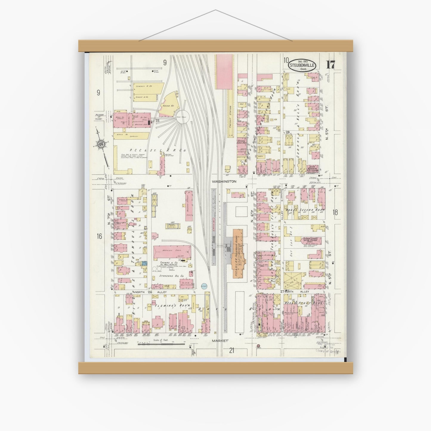 Old map wall art mockup — magnetic wood frame on white wall — Sanborn Fire Insurance Map from Steubenville, Jefferson County, Ohio (1913), Sheet #0017