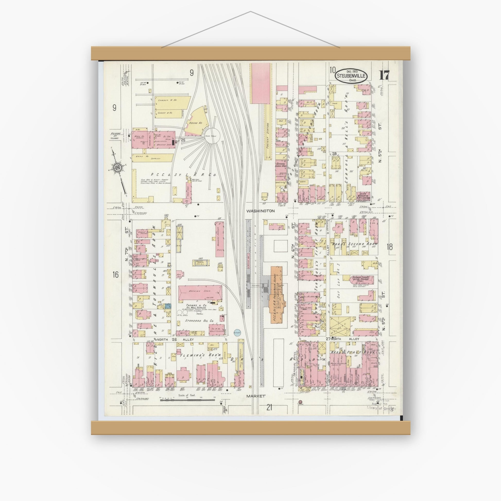 Old map wall art mockup — magnetic wood frame on white wall — Sanborn Fire Insurance Map from Steubenville, Jefferson County, Ohio (1913), Sheet #0017