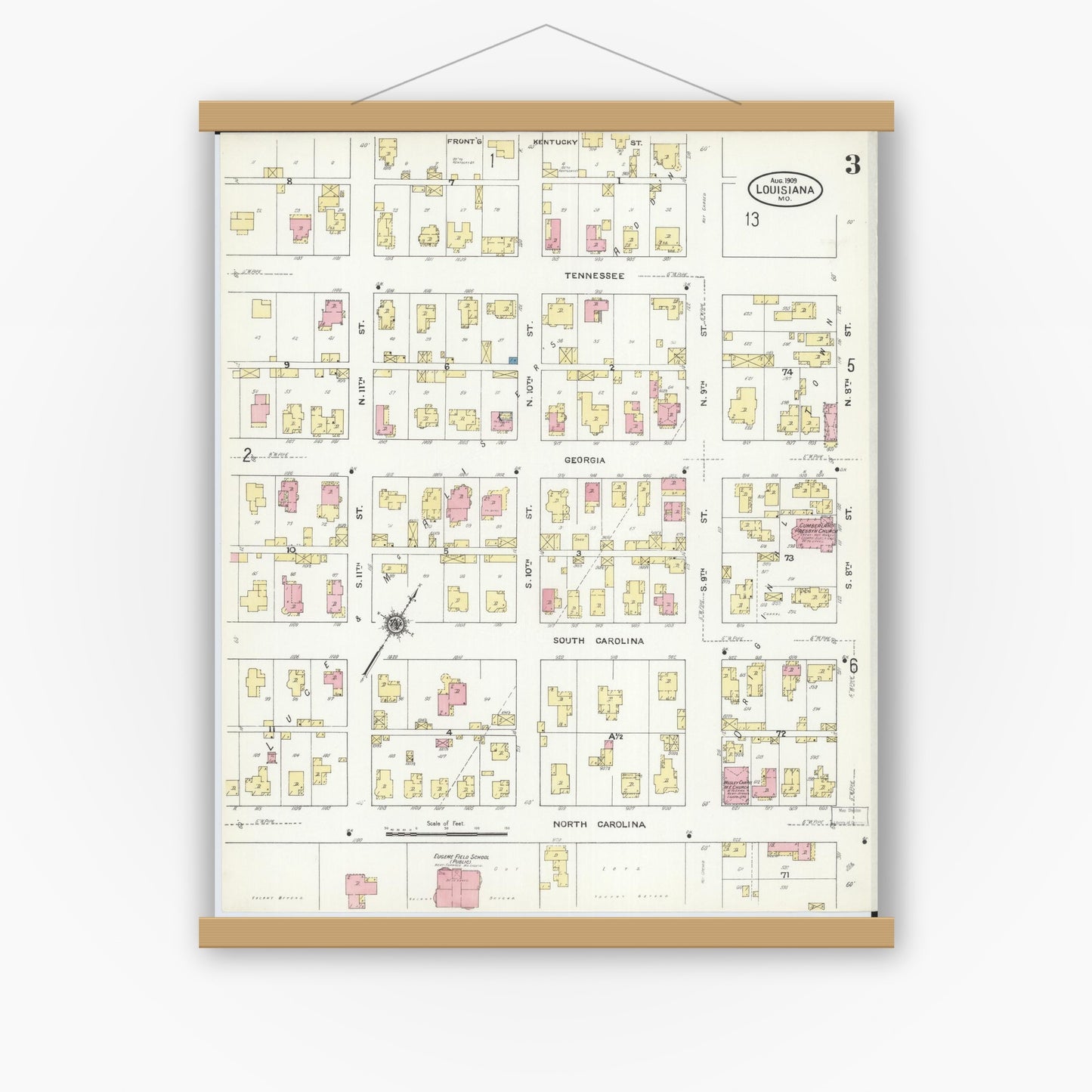 Old map wall art mockup — magnetic wood frame on white wall — Sanborn Fire Insurance Map from Louisiana, Pike County, Missouri (1909), Sheet #0003