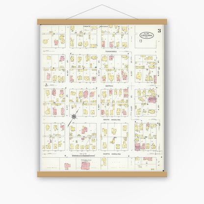 Old map wall art mockup — magnetic wood frame on white wall — Sanborn Fire Insurance Map from Louisiana, Pike County, Missouri (1909), Sheet #0003