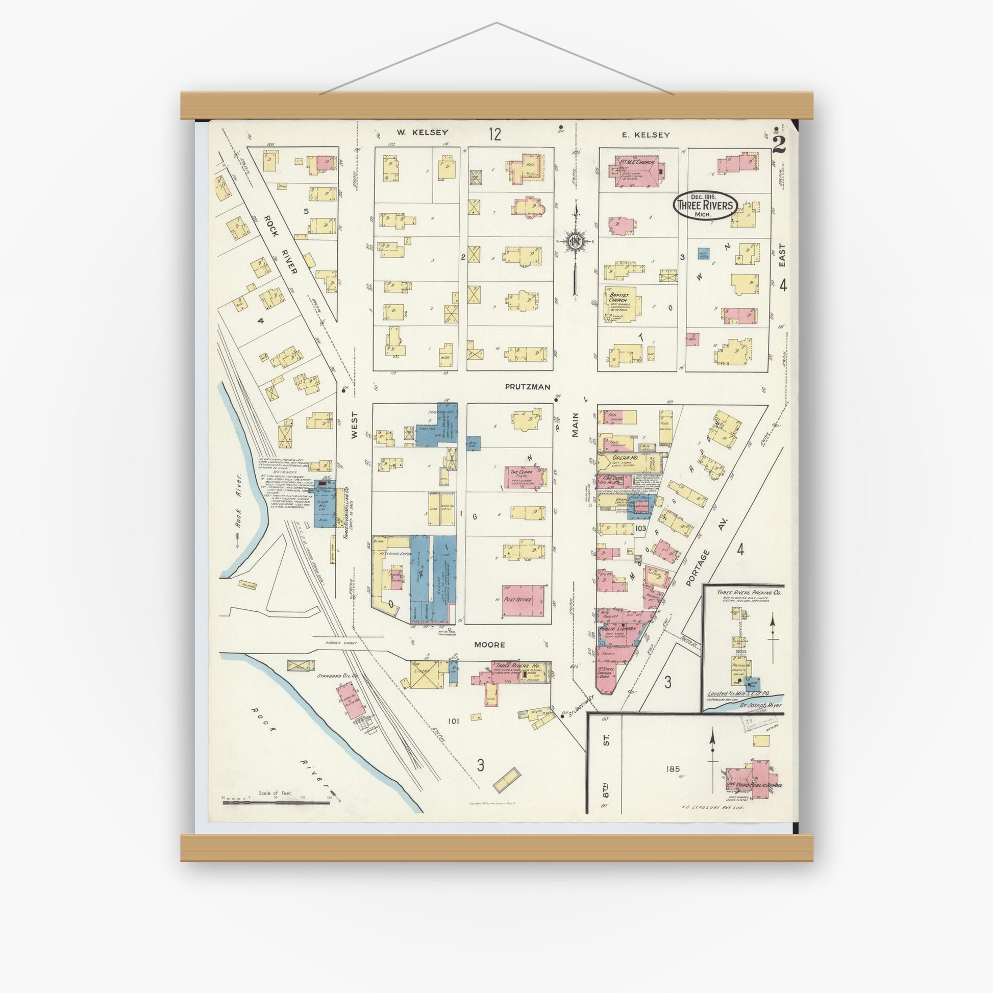 Old map wall art mockup — magnetic wood frame on white wall — Sanborn Fire Insurance Map from Three Rivers, Saint Joseph County, Michigan (1916), Sheet #0002