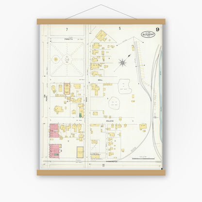 Old map wall art mockup — magnetic wood frame on white wall — Sanborn Fire Insurance Map from Beaumont, Jefferson County, Texas (1904), Sheet #0009