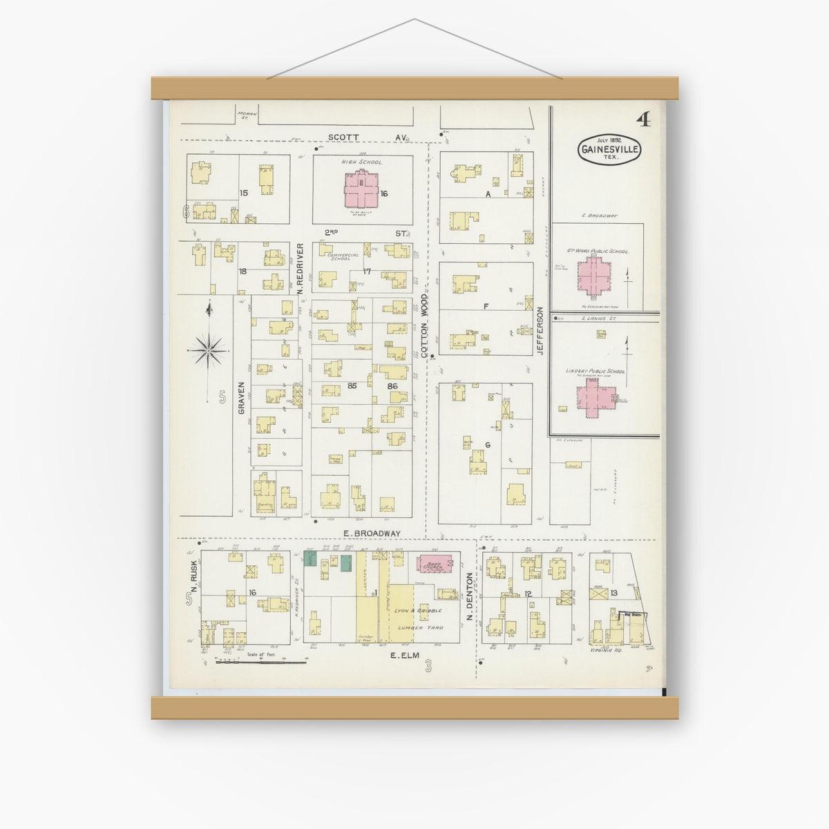 Old map wall art mockup — magnetic wood frame on white wall — Sanborn Fire Insurance Map from Gainesville, Cooke County, Texas (1892), Sheet #0004