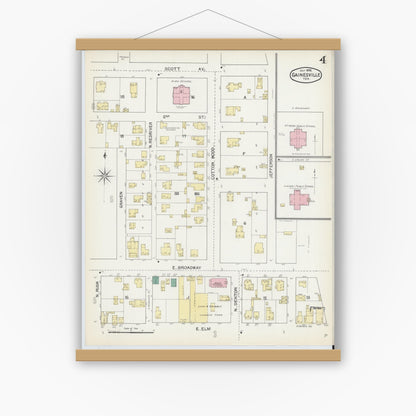 Old map wall art mockup — magnetic wood frame on white wall — Sanborn Fire Insurance Map from Gainesville, Cooke County, Texas (1892), Sheet #0004