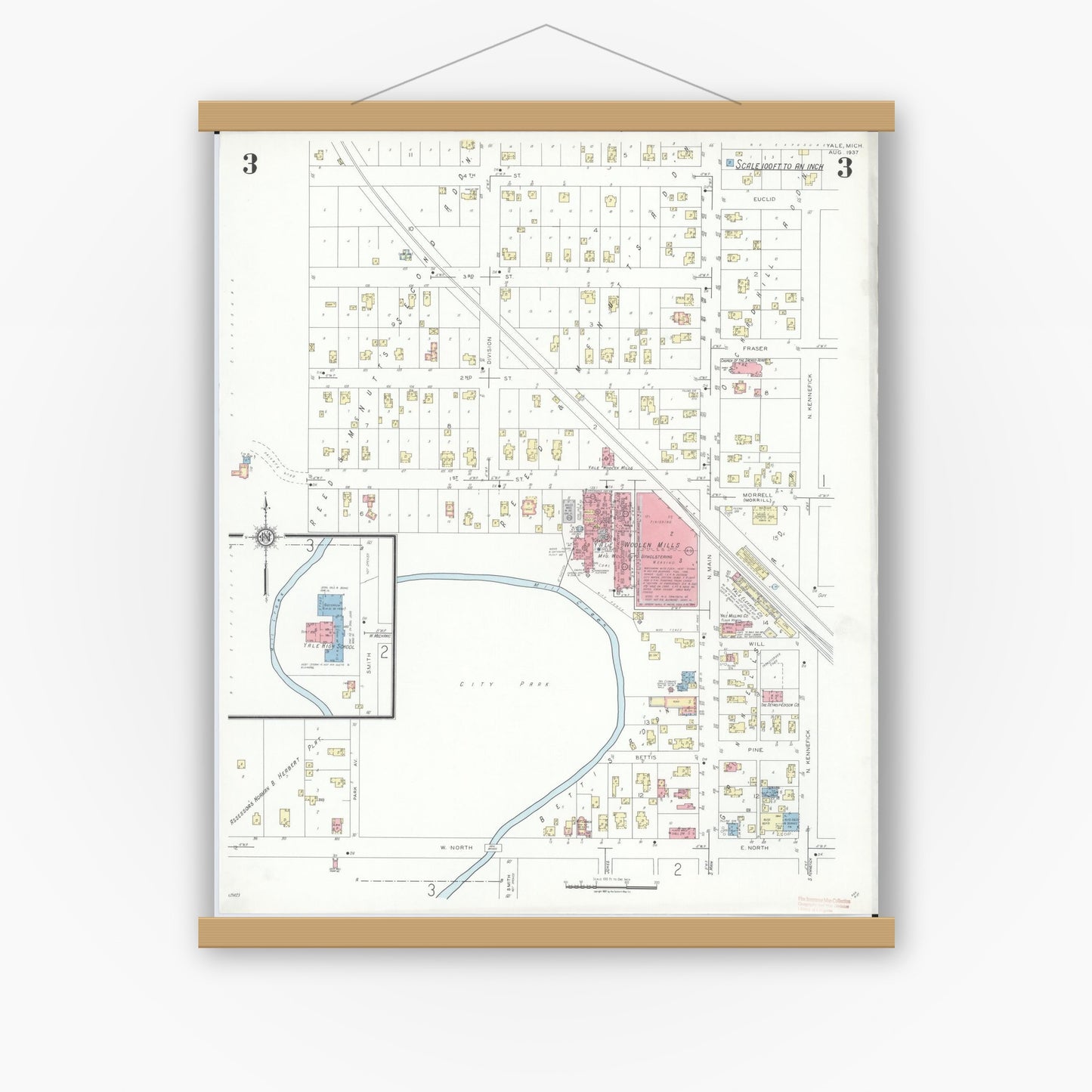 Old map wall art mockup — magnetic wood frame on white wall — Sanborn Fire Insurance Map from Yale, Saint Clair County, Michigan (1937), Sheet #0003