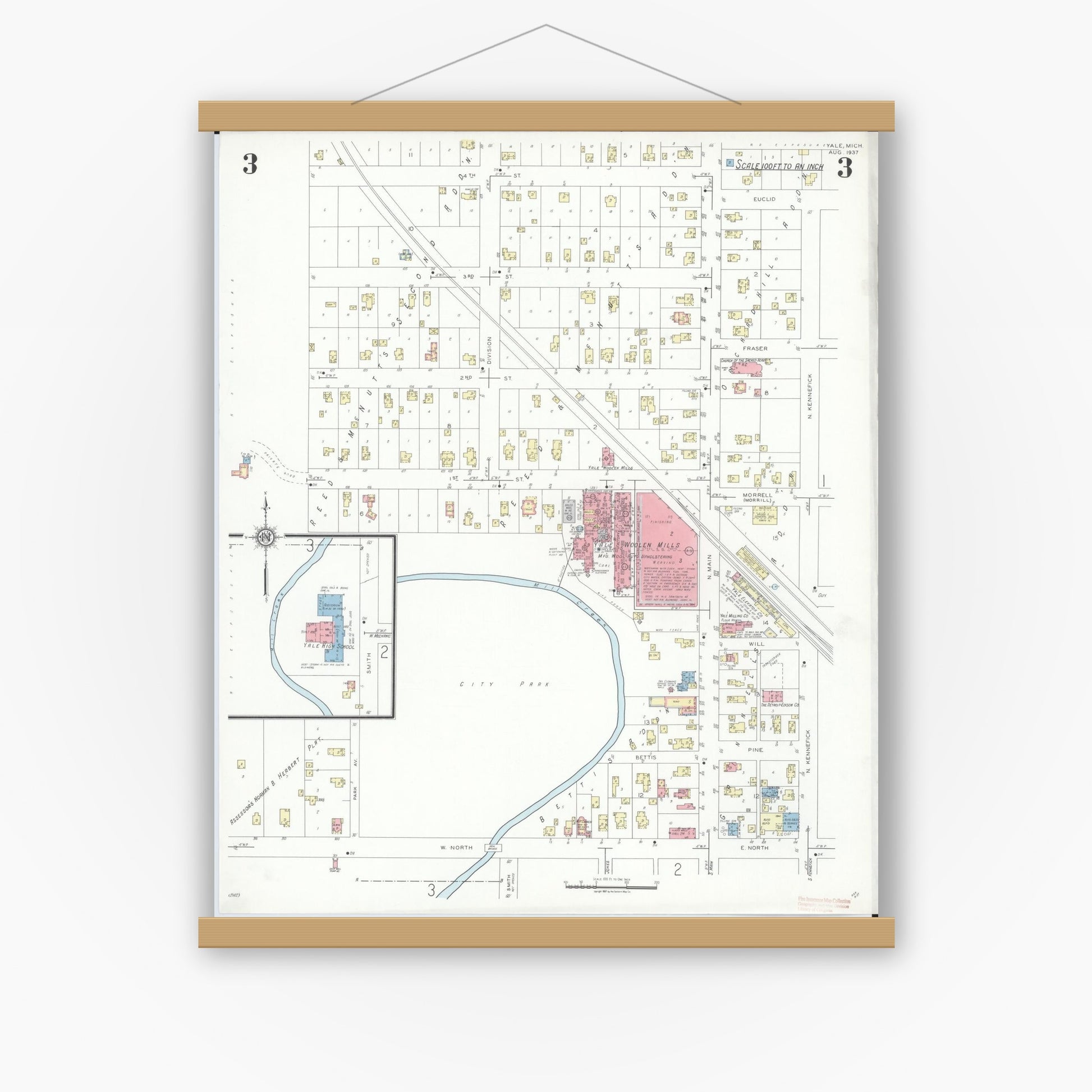 Old map wall art mockup — magnetic wood frame on white wall — Sanborn Fire Insurance Map from Yale, Saint Clair County, Michigan (1937), Sheet #0003