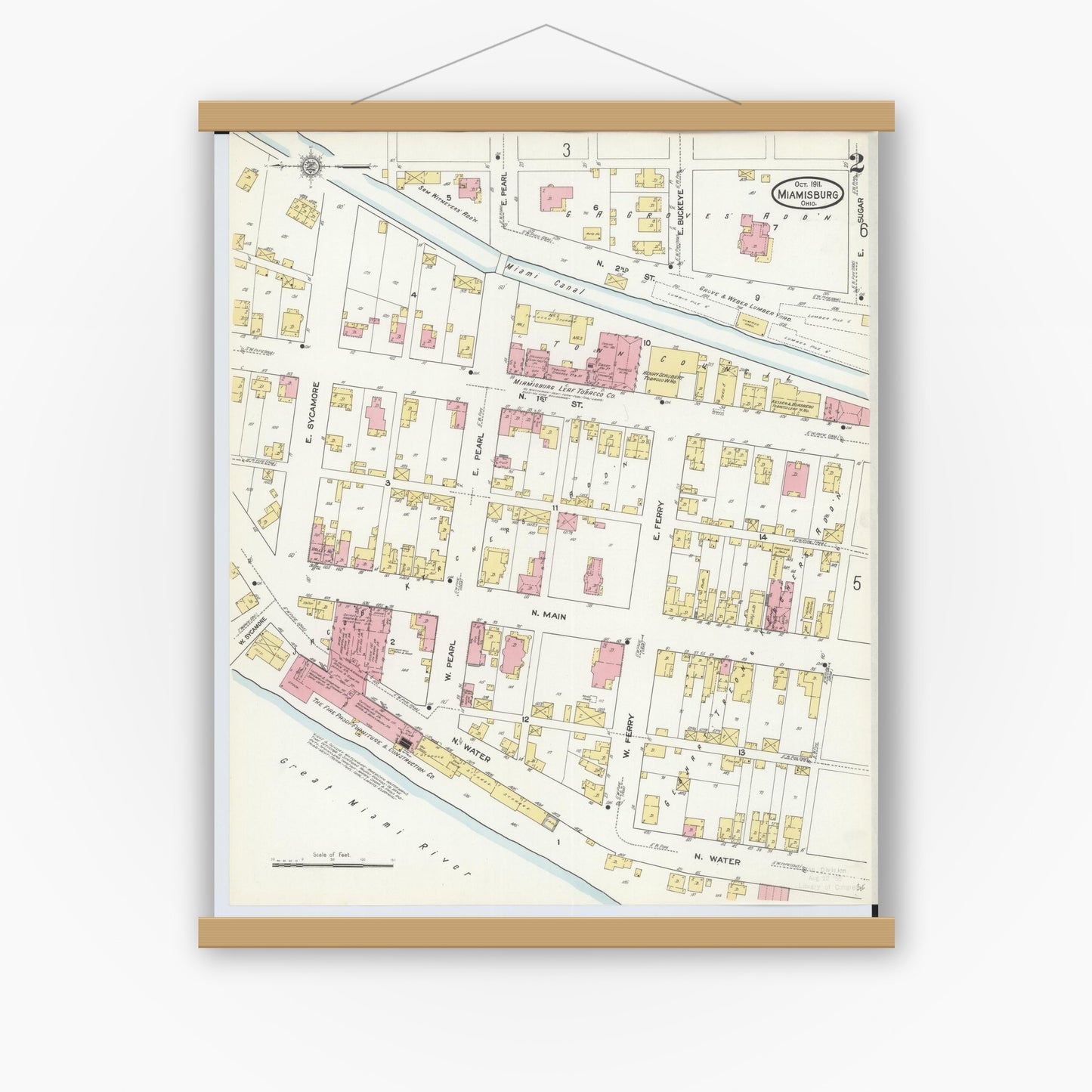 Old map wall art mockup — magnetic wood frame on white wall — Sanborn Fire Insurance Map from Miamisburg, Montgomery County, Ohio (1911), Sheet #0002