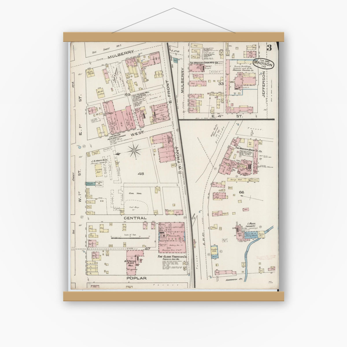 Old map wall art mockup — magnetic wood frame on white wall — Sanborn Fire Insurance Map from Madison, Jefferson County, Indiana (1886), Sheet #0003