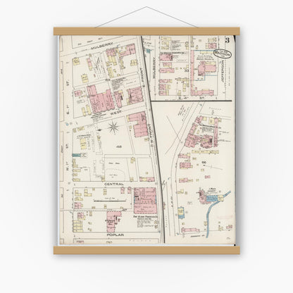 Old map wall art mockup — magnetic wood frame on white wall — Sanborn Fire Insurance Map from Madison, Jefferson County, Indiana (1886), Sheet #0003